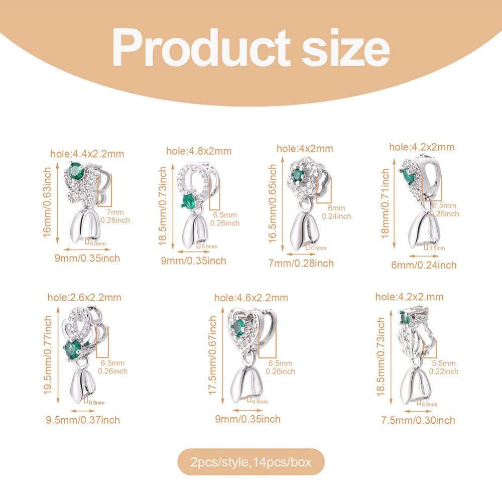 Fashewelry 14pcs Brass Pendant Pinch Bails Platinum Micro Pave Cubic Zirconia Dangle Charm Clasp Clip for Top Drilled Bead Necklace Earring Jewelry Making Pin: 0.8mm