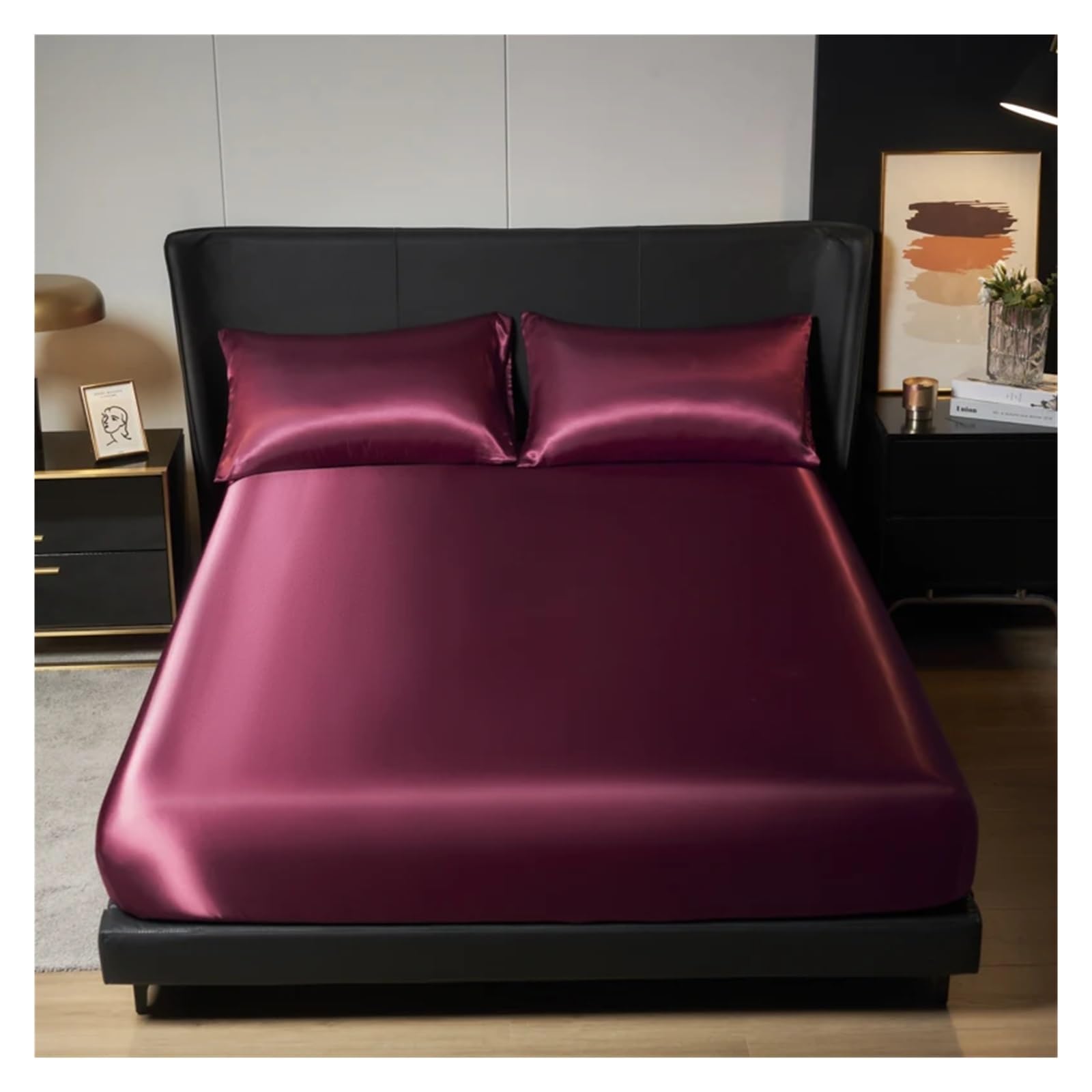 LHSJYG Silk Bed Sheets 1Pc Satin Fitted Sheet Solid Colour Twin Full Queen Ice Silk Mattress Cover With Elastic(Red,180x200cm 1pc)