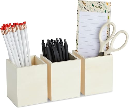 Paquete de 3 vasos de escritorio de madera sin terminar para oficina, accesorios para bolígrafos, organizador y almacenamiento para escritorio de