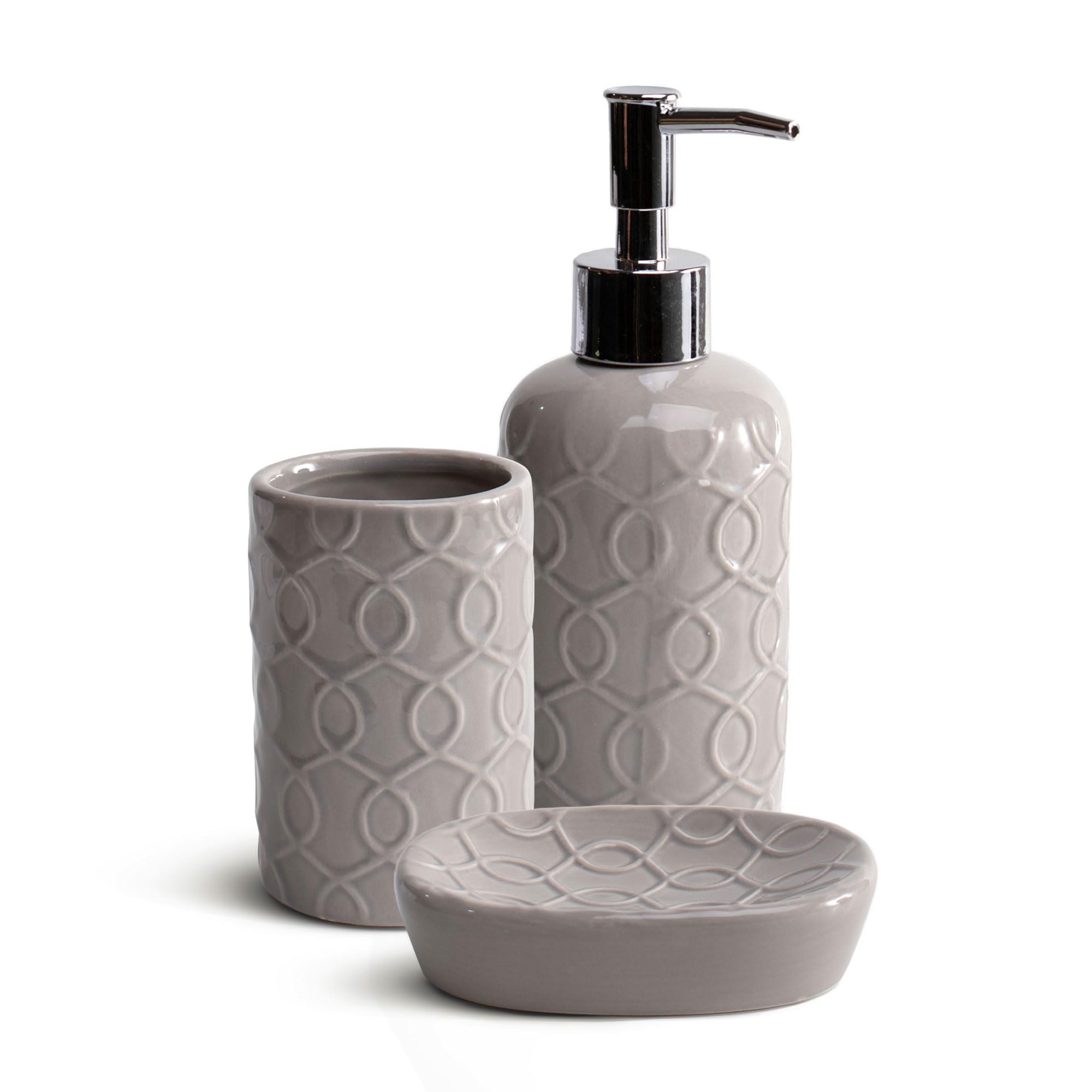 THE SECRET HOMEā Set de BaƱo de 3 Piezas ā Conjunto de Acessorios para Aseo de DiseƱo Modernoā Juego de BaƱo con Dispensador de Jabón, Vaso y Jaboneraā Diversos Modelos (Modelo 2- Gris)