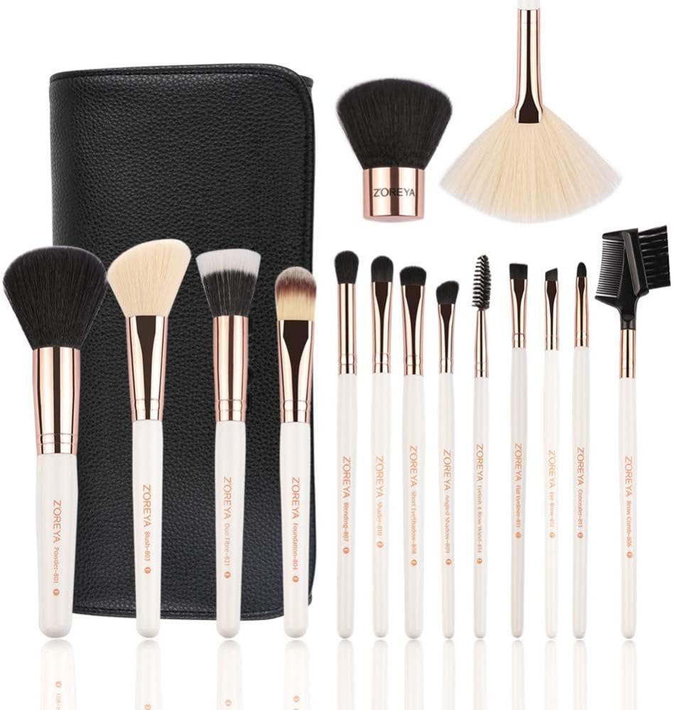 ZOREYA Makeup Brushes Set 15pc Rose Gold Make Up Brush Set Premium Synthetic Foundation Powder Concealers Eye Shadows With Professional Easy Travel Vegan Leather Case Bag Organizer