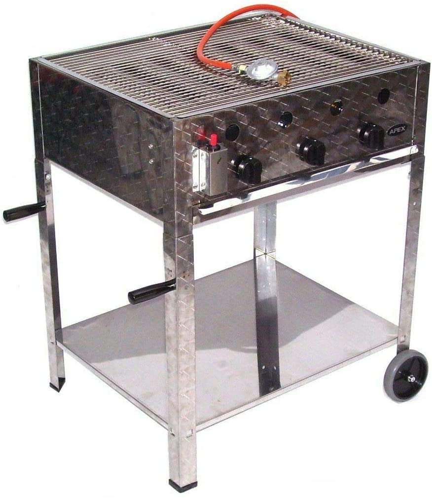 Barbecue à gaz professionnel 55510 + kit barbecue 511 + chariot 512 Set de 5 cocottes à gaz en acier inoxydable 10 kW 3 feux