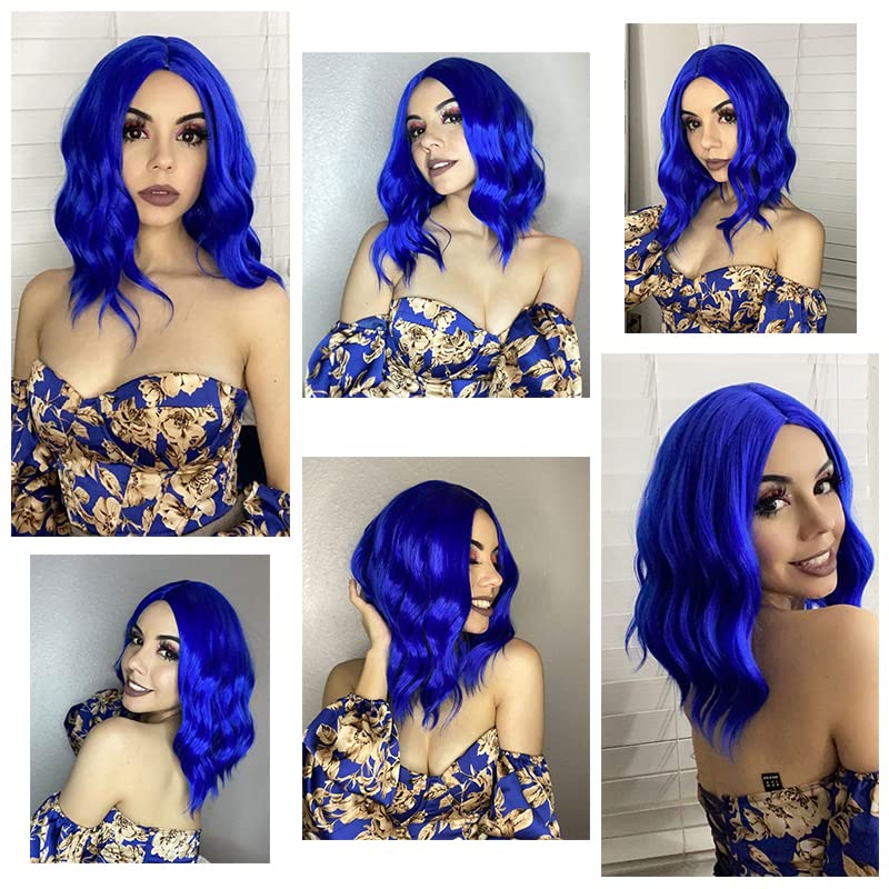eNilecor Dark Blue Wig, Short Colored Wigs Bob Wig for Women, Natural Wavy Colorful 14 Inch Middle Part Synthetic Wig for Cosplay Party Costume(Dark Blue) - Image 2