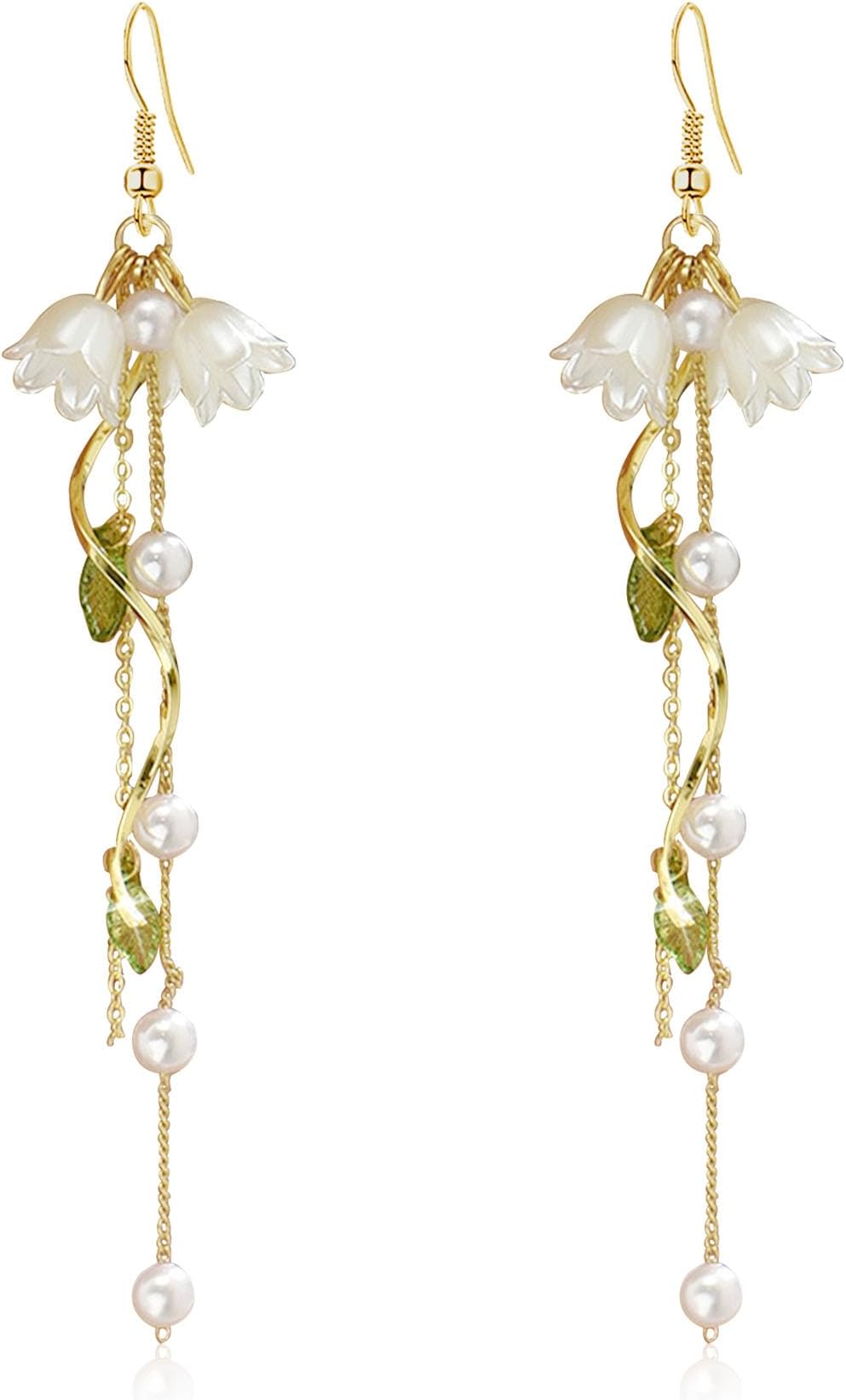 Dangle Flower Leaf Earring White Fairy Flower Summer Dangling Long Tassel Earrings Lily Of The Valley Earrings Jewelry