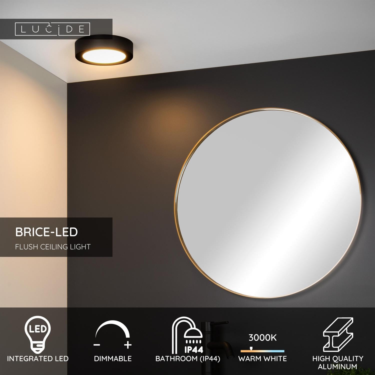 LUCIDE BRICE-LED - Lámpara de techo Baño - Ø 18 cm - LED Regul. - 1x12W 3000K - IP44 - Negro
