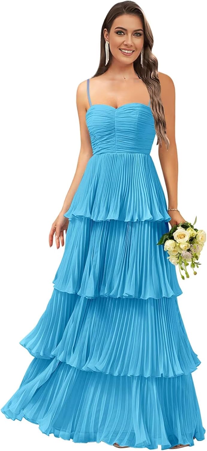 Long tiered ruffles chiffon bridesmaid prom evening party dresses