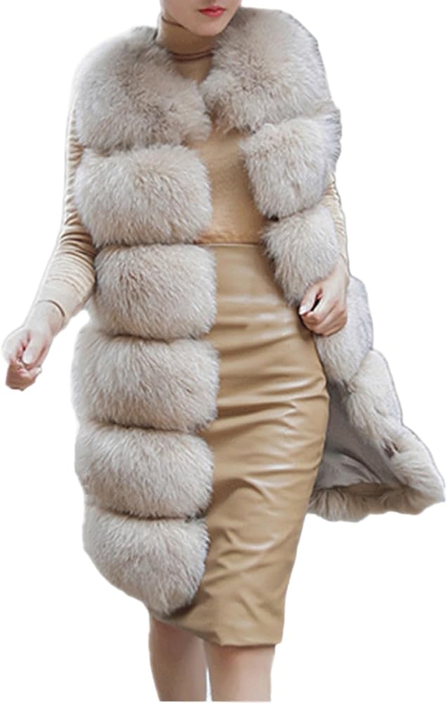 Lisa Colly Women's Faux Fox Fur Coat Jacket Winter Sleeveless Faux
