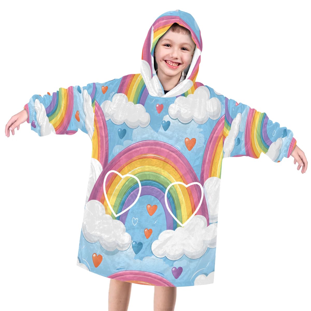 Wearable Blanket Hoodie for Kids, Clouds Rainbow Fleece Sweatshirt Blanket Oversized Blanket Sweatshirt with Pocket Flannel Warm Hooded Blanket 6-10 Year Old Girl Boy Gift, One Size