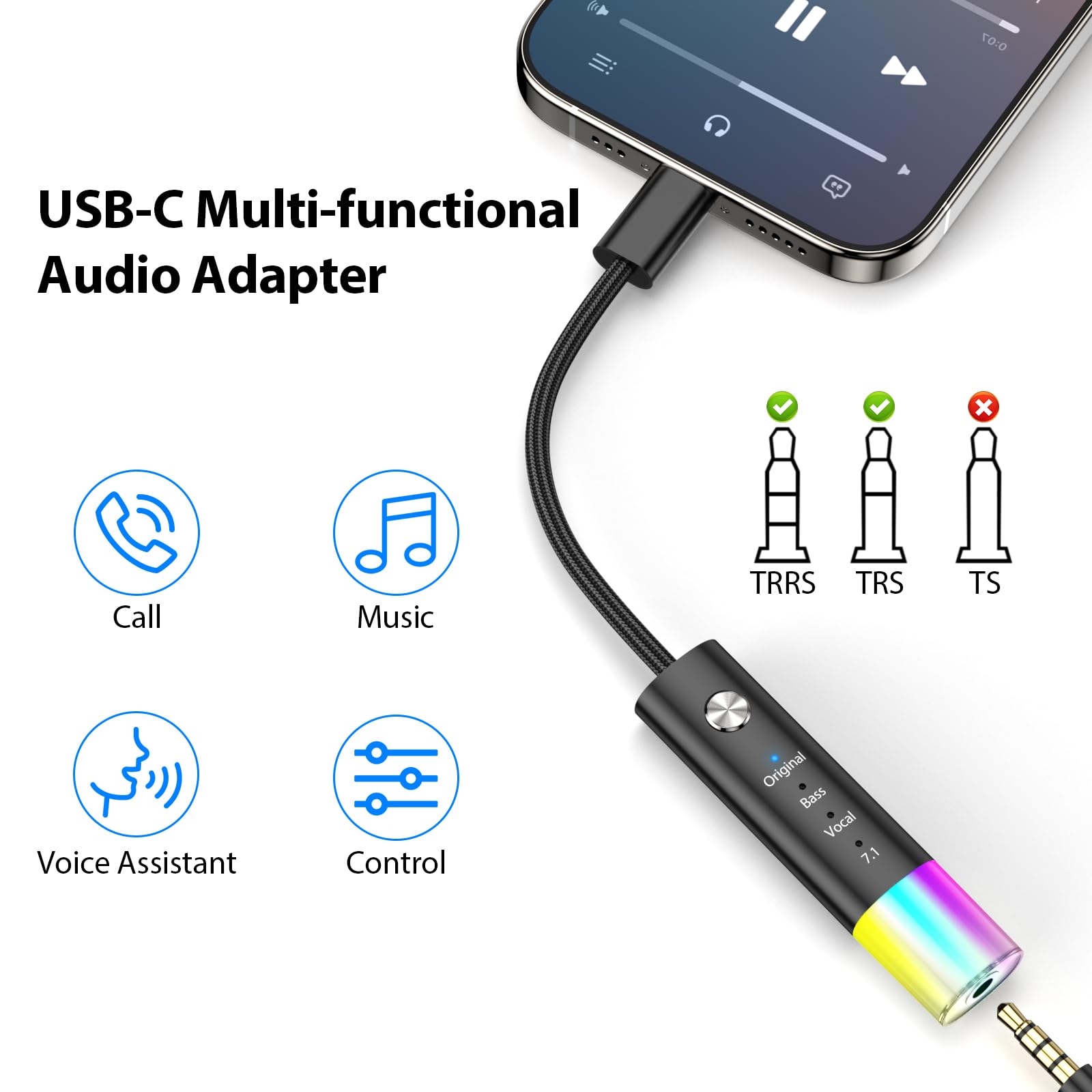 3,5-mm-Klinken-Audio-Adapter, USB-C-Kopfhörer-Adapter, Neonlicht, mehrere Modi, HiFi-Bass, klarer Gesang, Surround-Sound, für iPhone 16 Pro Max 15 Plus 16e, Galaxy S25 Ultra S24 S23 S22 S21, Pixel 10