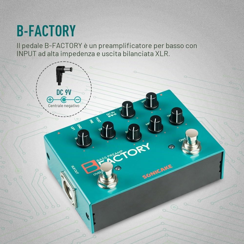 SONICAKE Pedale per basso con overdrive Preamp analogico Pedale per effetti di compressione EQ a 3 bande Uscita XLR B Factory