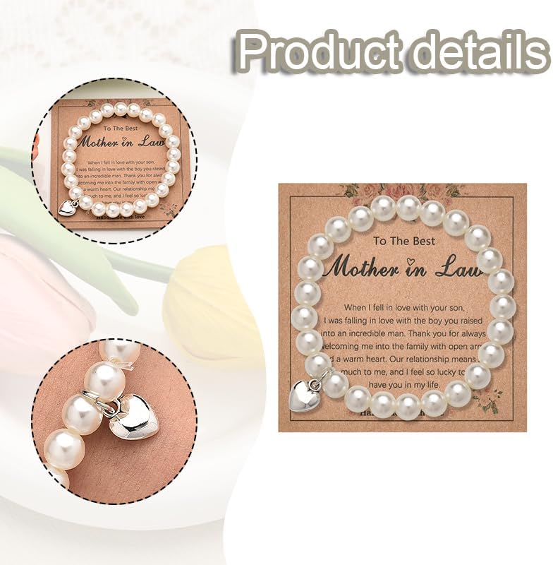 Mothers Day Gifts for Mother in Law Bracelet for Mother in Law Birthday Gifts for Mothers-in-law Thank You Gift Idea Pearl Beaded Bracelet with Heart Charm - Image 4