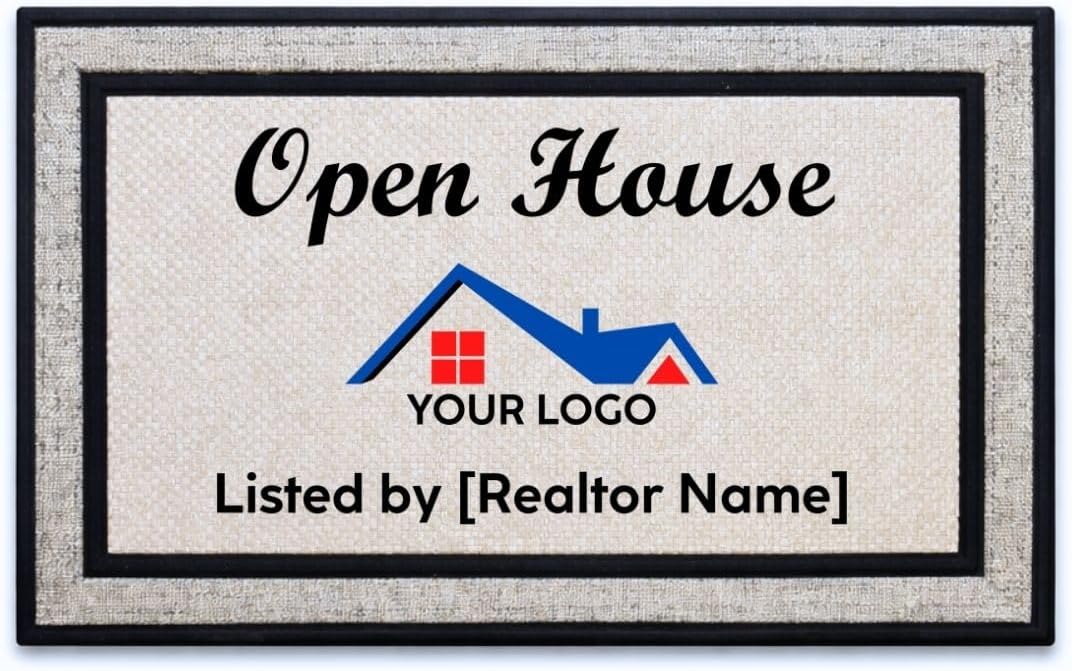 clicked craft Custom Logo Open House Door Mat - 18x30 Inch - Open House Supplies Doormat with Non-Slip Rubber Backing and Polyester Top - Made in USA - Real Estate Agent Doormat (Logo & Name)