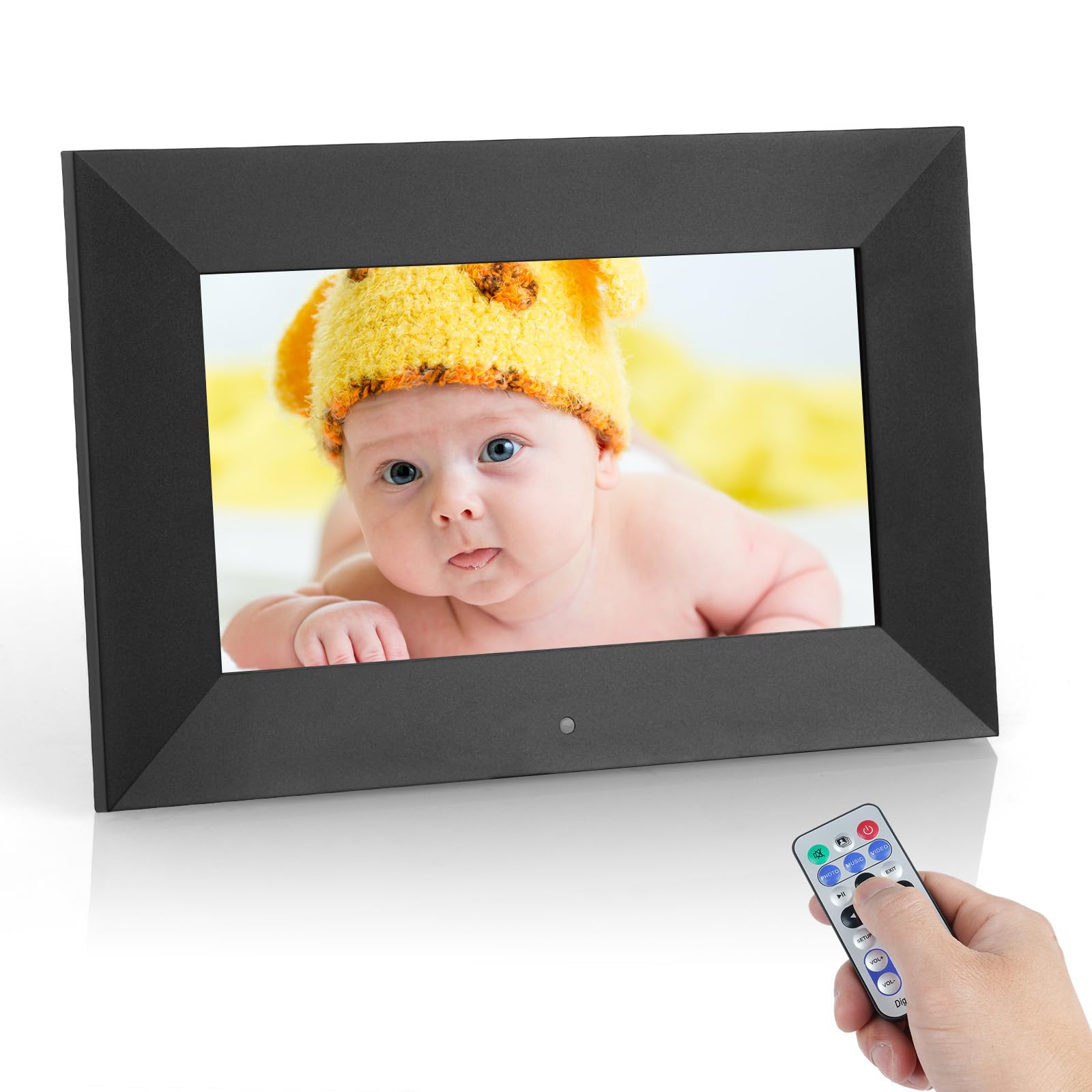 Vicloon 17,8 cm cyfrowa ramka na zdjęcia, HD ekran IPS, odtwarzacz zdjęć/muzyki/wideo/kalendarz/alarm, z pilotem zdalnego sterowania, obsługa kart USB/SD, możliwość montażu na ścianie (bez WiFi)