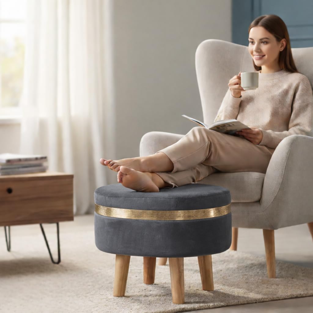 Premium Velvet Ottoman Footstool with Golden Accent Ring | Solid Wood Legs | Anti-Slip Feet | Multipurpose Footrest, Seating & Décor, 16x12x12 Inch, (Grey)-image-27