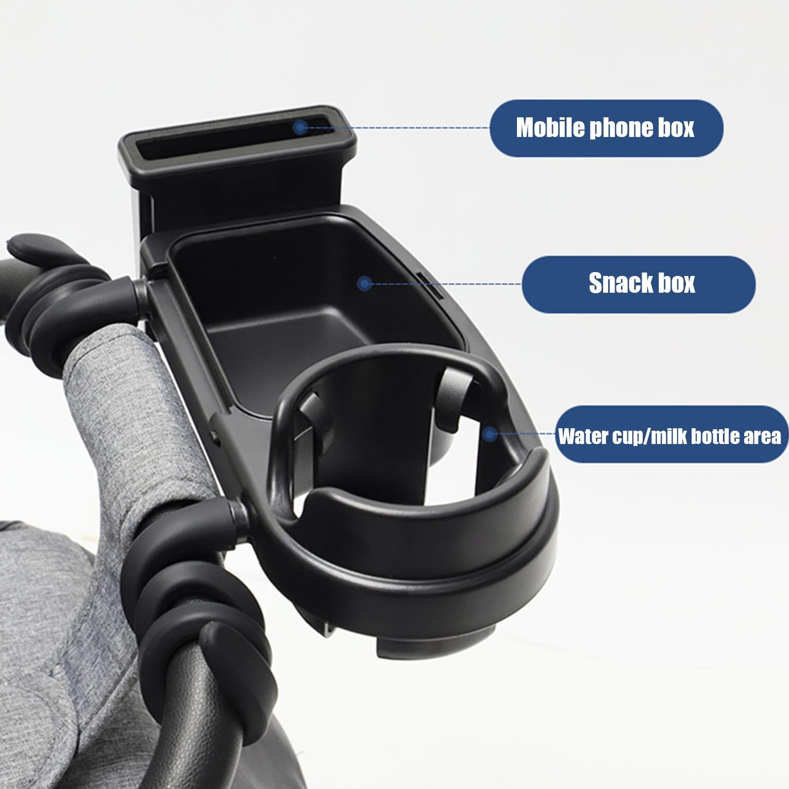 Vassoio Universale Per Passeggino 3 In 1 - Portabicchieri Girevole, Vassoio Snack E Porta Cellulare