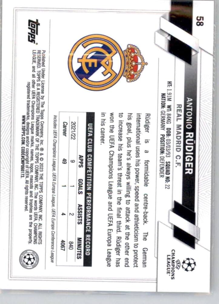 TOPPS サッカーカード STADIUM CLUB CHROME ANTONIO RUDIGER CHELSEA 09/75 #CA-AR 送料無料 中古 IT2 TOPPS サッカーカード STADIUM CLUB CHROME ANTONIO RUDIGER