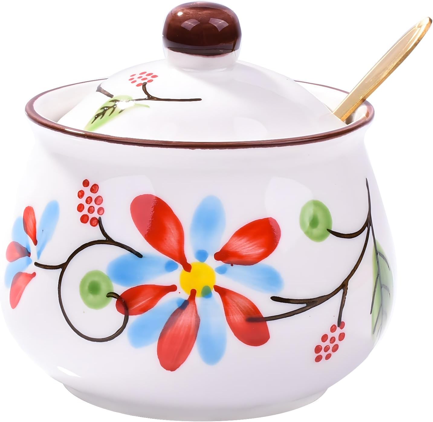 Ceramic Sugar Bowl with Lid and Spoon, Retro Coffee Canister, Navy & Orange