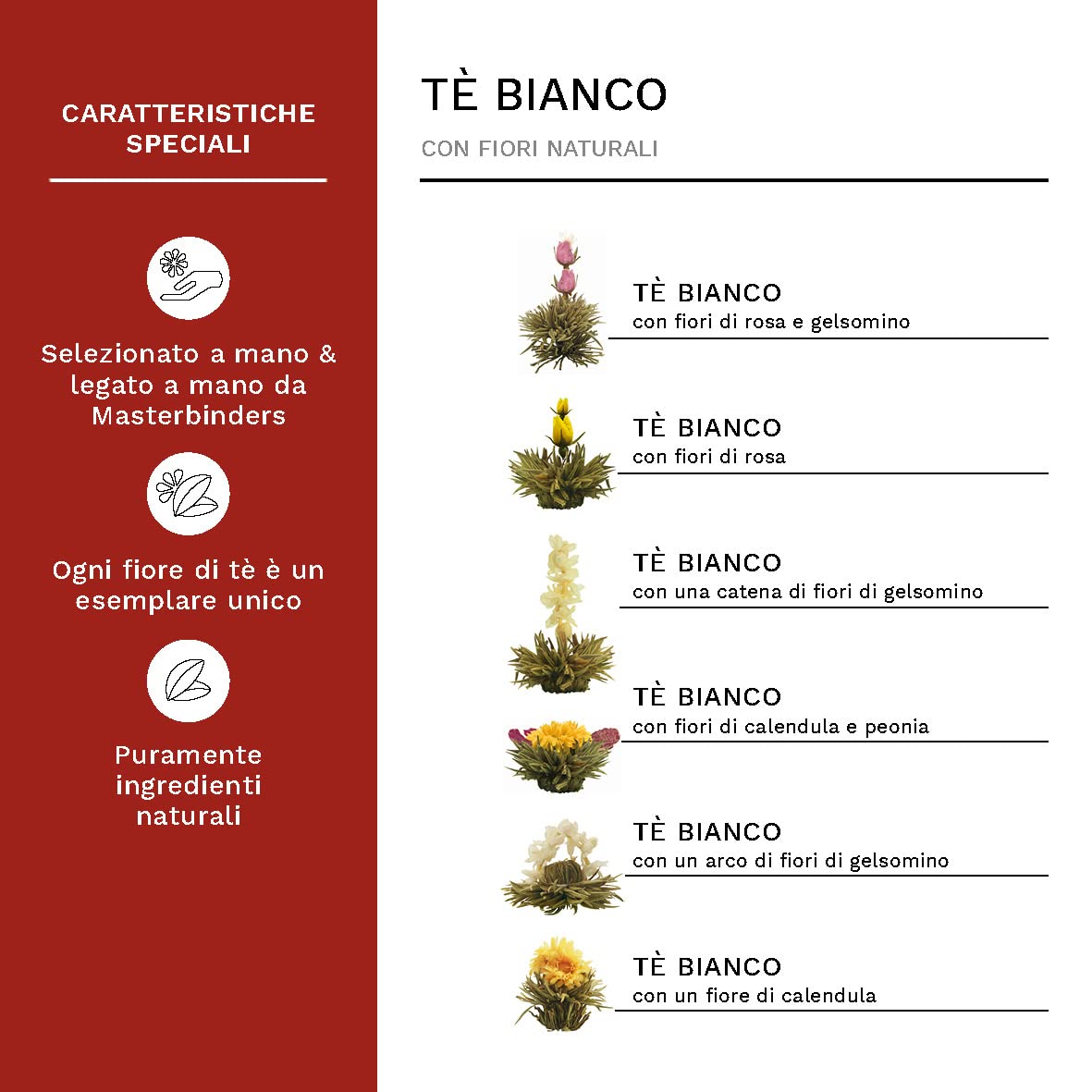 Creano Set Regalo 12 Fiori di Tè Bianco in Scatola di Legno | 6 Varietà Diverse | Tè ai Fiori Artigianali, Idea Regalo Elegante