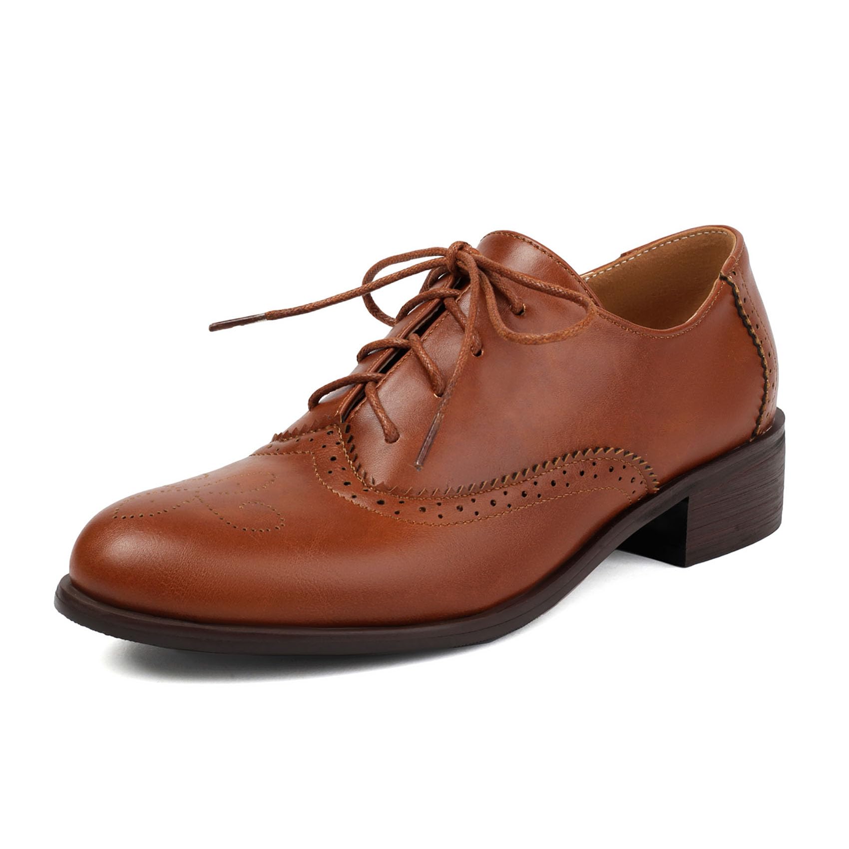 KOKOMOMO Womens Perforated Lace-up Brogues Low Heels Wingtip Multicolor Flat Oxfords Saddle Two Tone British Vintage Derby Shoes