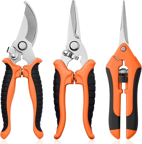 Miniatura 10 de Tijeras de podar de jardín, paquete de 3 tijeras de jardinería, tijeras de jardín de acero inoxidable, tijeras de flores, tijeras de podar, tijeras
