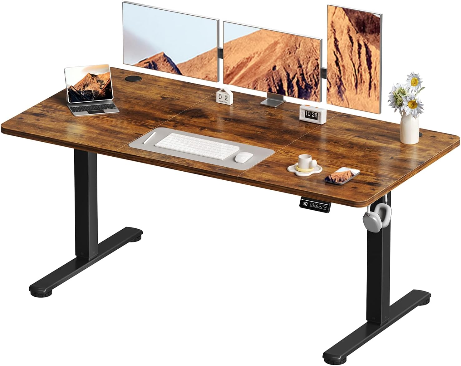 Electric Standing Desk 140x70cm Sit Stand Table Height Adjustable Desk with Backpack Hook and Memory Smart Pannel, Home Office Desk with Splice Board, Rustic Brown