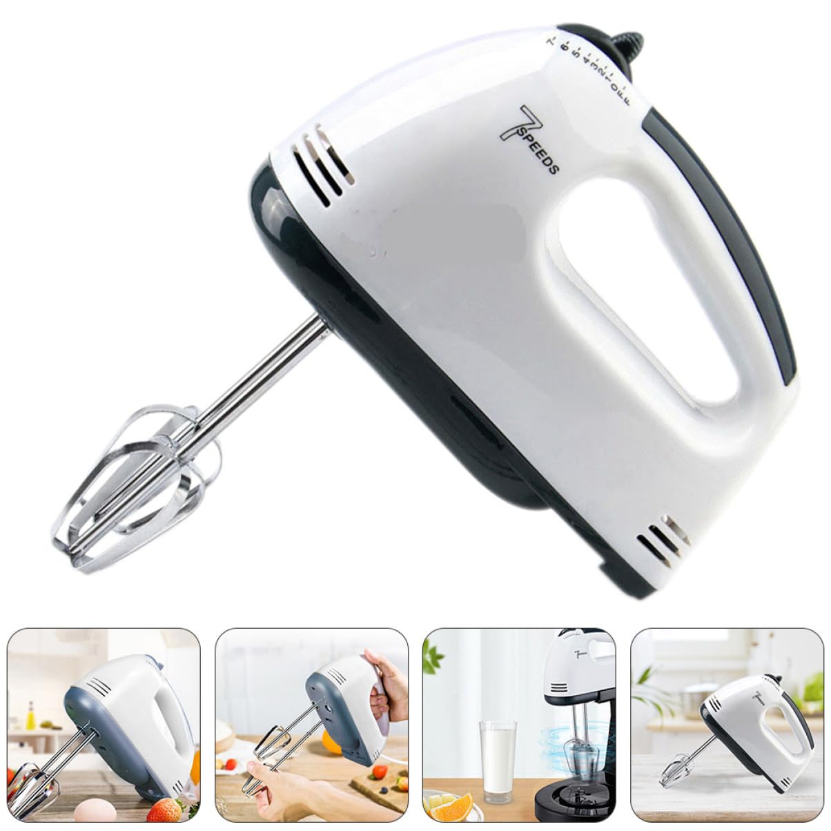Mikikit Frusta Elettrica per Uova Bianca 7 Velocità, Miscelatore da Cucina in Plastica e Acciaio Inox, Strumento la Preparazione di Dolci in Casa