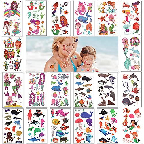 Xingsky Tatouages Temporaire Enfant, Tatouages pour Enfants, Tatoo Enfant Fille Tatouage Enfant Garcon, Tatouage Sirène et vie Marine,Cadeaux de Décoration D'anniversaire pour Garçons et Filles Cover