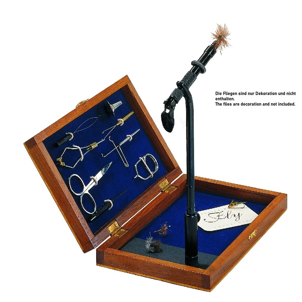 Set Fliegen-Bindestock aus edlem Holz, Bindeset zum Fliegen binden Bindewerkzeug + 2 gratis Forellen-Spoons