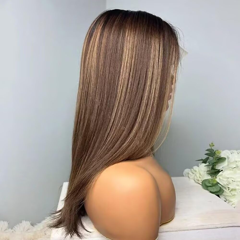 Ombre Honey Blonde Mix Brown Color Highlight Sliky Straight 13x4 HD Transparent Invisible Lace Front Human Hair Wig Pre Plucked #4/27 Colored Brazilian Remy Hair Bleached Knots Wig Natural Baby Hair16