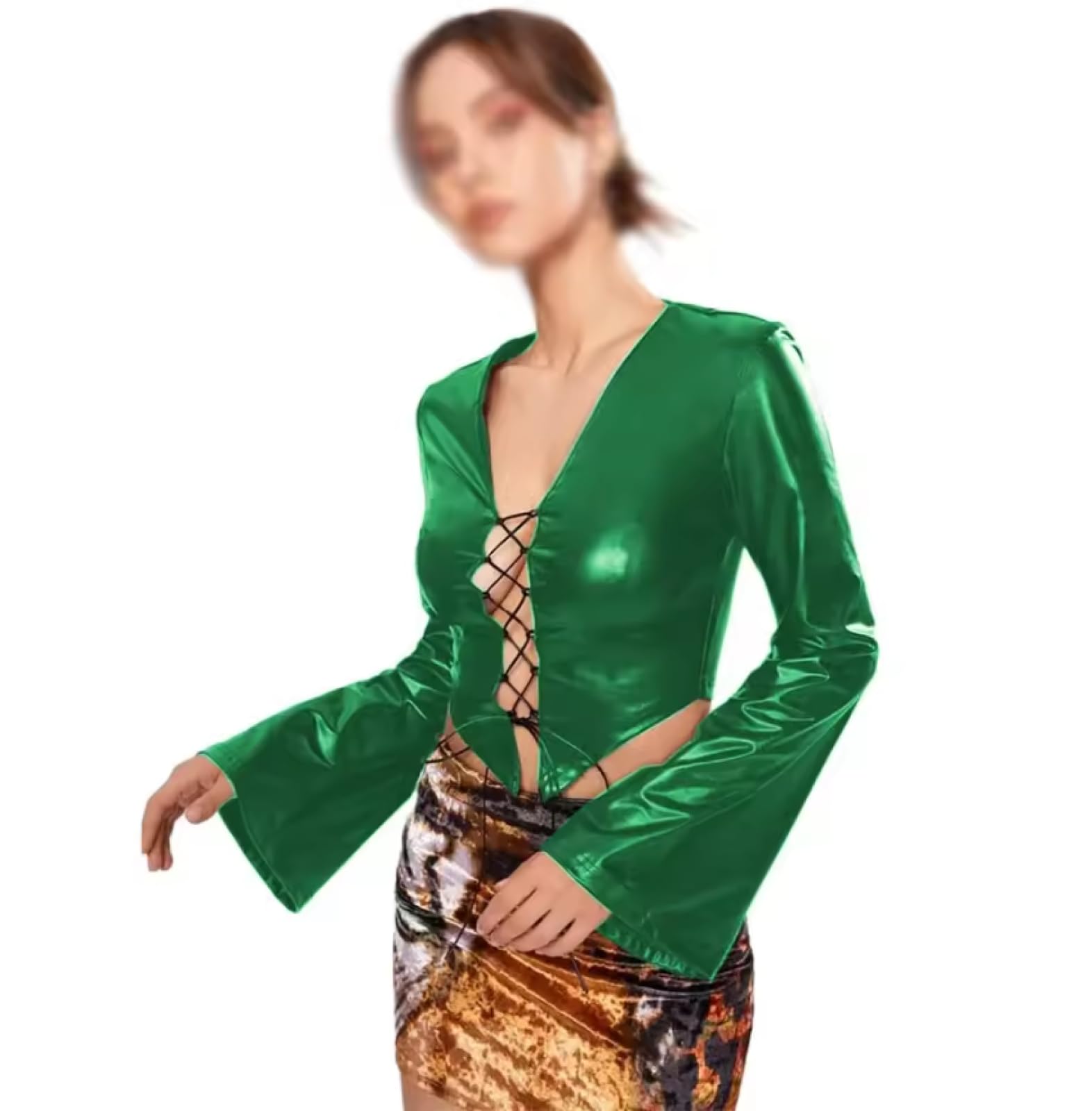 Grande Taille Hottie Lace-up Manches Longues Évasées Métallique Slim Fit Col en V Crop Tops Party Club T-Shirts Personnalisables