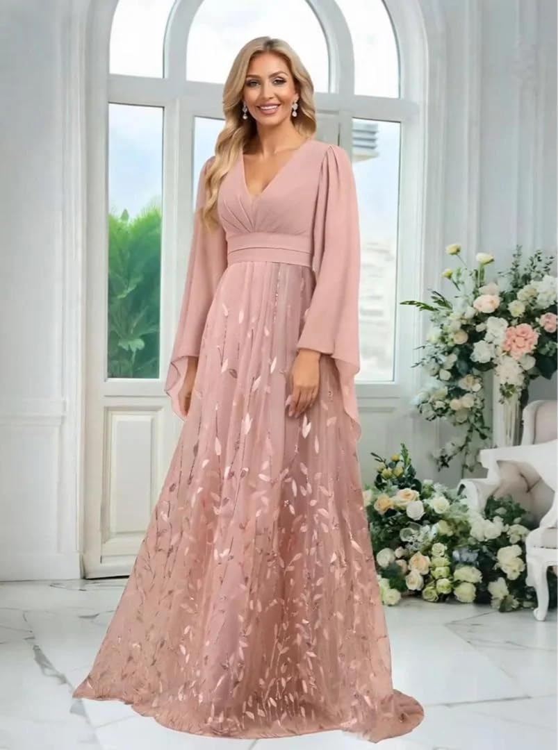 Mother of The Bride Dresses for Women Leaf Sequins Formal Dress Tulle Long Sleeves Chiffon V Neck Evening Gowns - Image 5