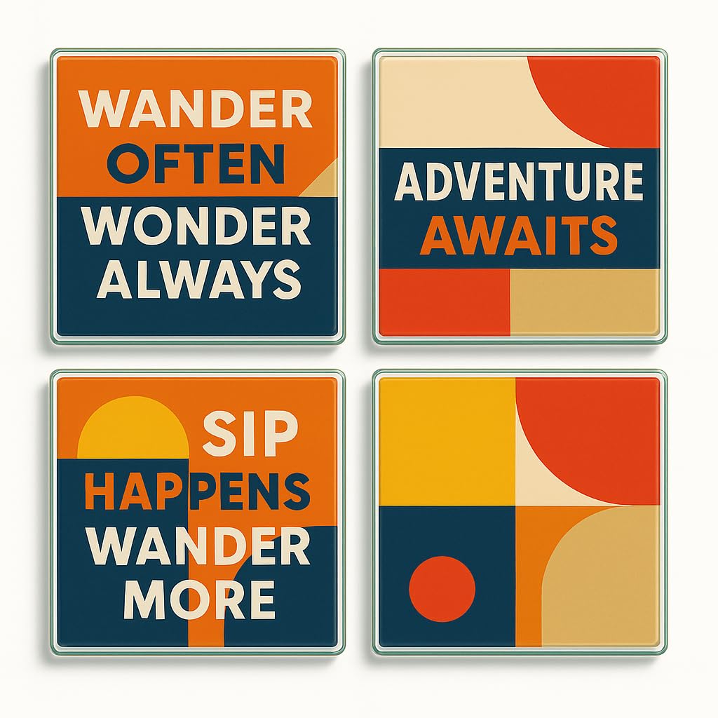 The Plum Penguin Wanderlust Patterns Acrylic Coaster Gift Set Of 4 With - Bauhaus Travel Theme Home Decor For Adventure Lovers