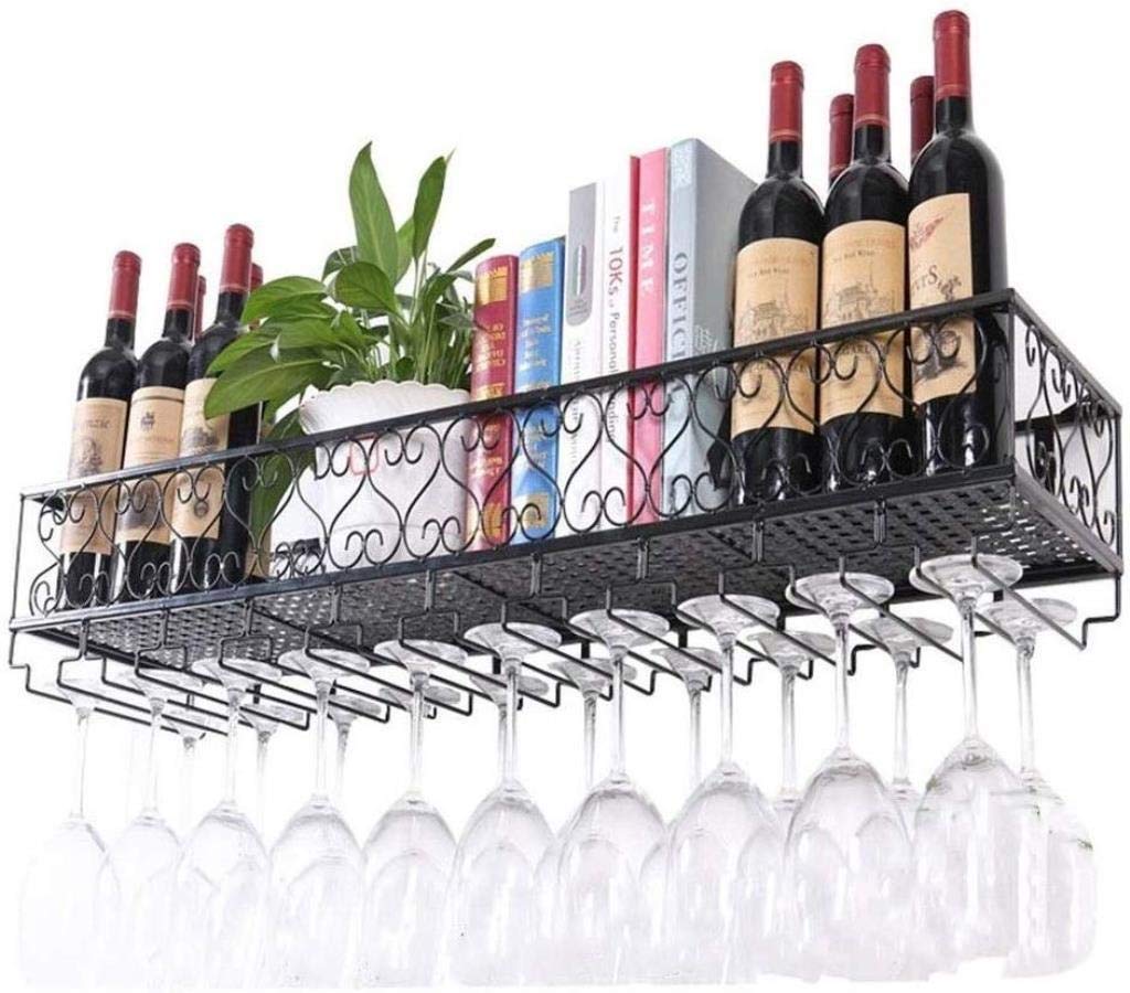 Tenture murale étagère de rangement bouteille de vin et porte-verre en métal L80