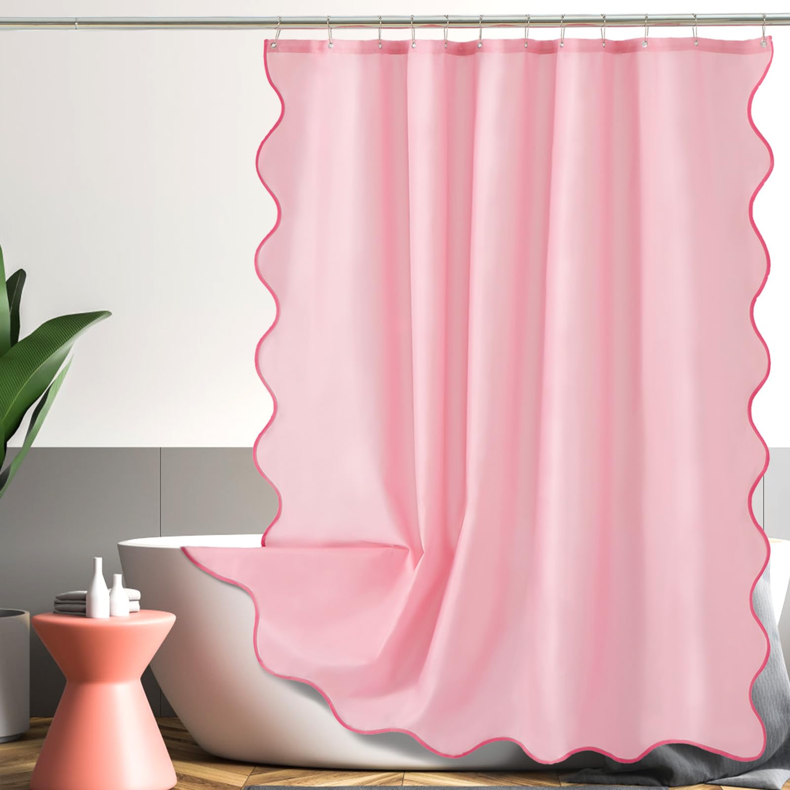 ORTIGIA Pink Scalloped Shower Curtain, Cute Pink Ruffle Shower Curtains Boho Pretty Aesthetic Preppy Waterproof Fabric Girls Bath Bathroom Decor with