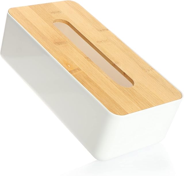 com-four® cosmetic tissue box made of plastic with bamboo lid - tissue box for bathroom, bedroom and living area towel dispenser (1 piece - white/brown)