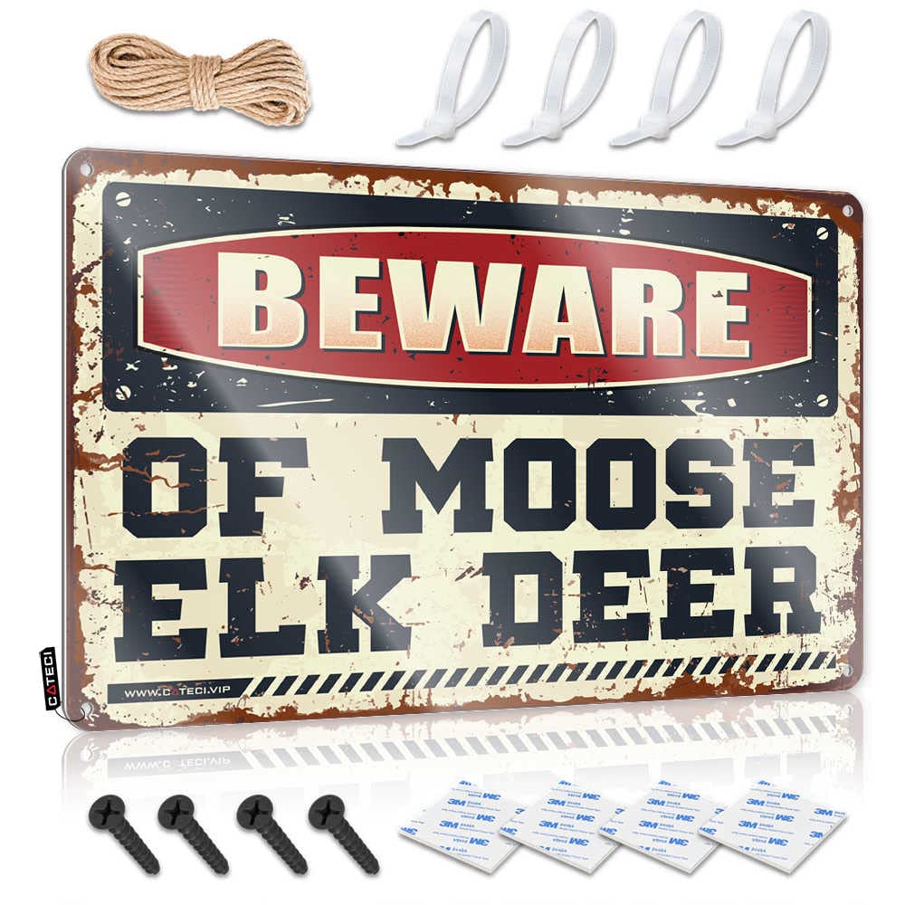 HELIOFORGE Tin Funny Vintage Sign Beware Of Moose Elk Deer Sign Funny Wall Signs Outdoor Funny Metal Sign(20X30CM)