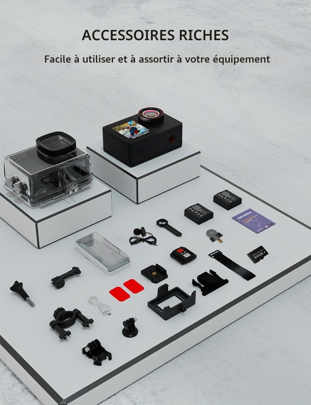 Caméra Sport 4K 60FPS Camera Étanche EIS Double Écran Tactile Carte 64GO