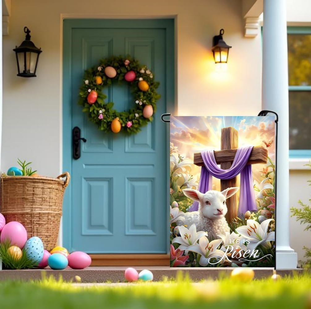 Easter Garden Flags for Outside 12x18 Double Sided, Small Burlap Floral Eggs Lamb Cross He Is Risen Garden Flags Easter Holiday Outdoor Yard Decorations - Image 3