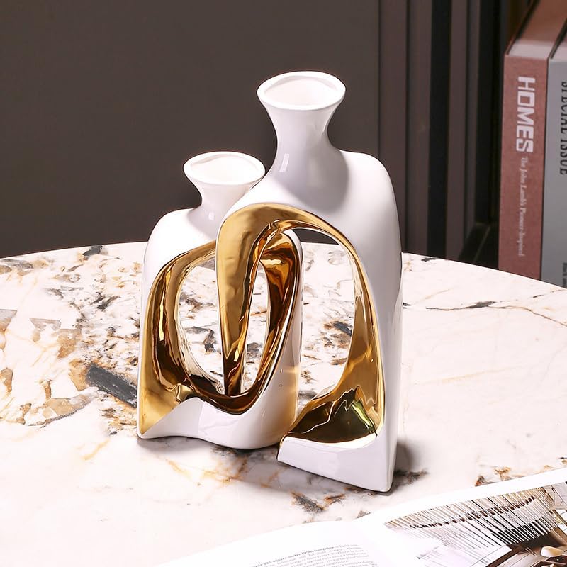 2 Pieces White Gold Ceramic vase Set Home Ceramic Decorative vase furnishings Abstract Decorative vase Office Centerpiece Decoration Suitable for Bookshelves, Fireplace
