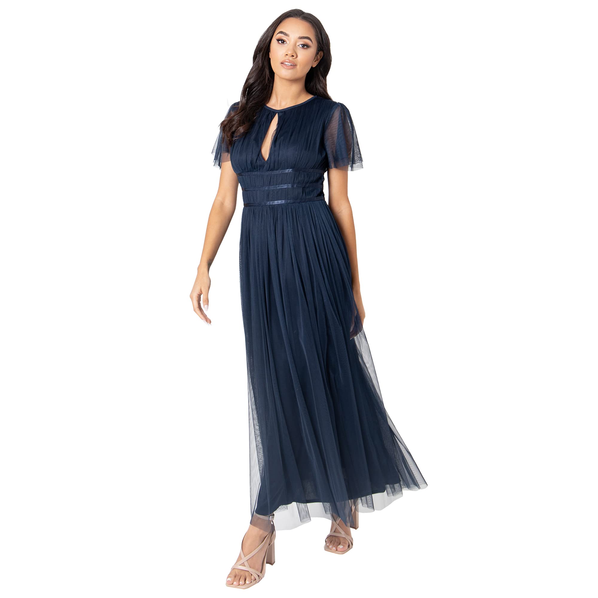 Anaya With Love Women's Navy Blue Midaxi Dress For High Waist Keyhole Short Flutter Sleeve Crew Neckline For Wedding Guest Bridesmaids Prom Size 24