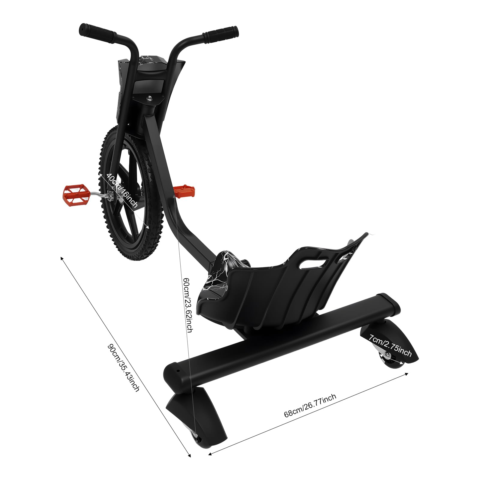 Drift Scooter 90 x 68 x 60 cm, 4 biegi Drift Trike, nośność 80 kg, regulowana konstrukcja, wózek z siedziskiem skorupy i antypoślizgowymi pedałami, dla 6 lat i starszych