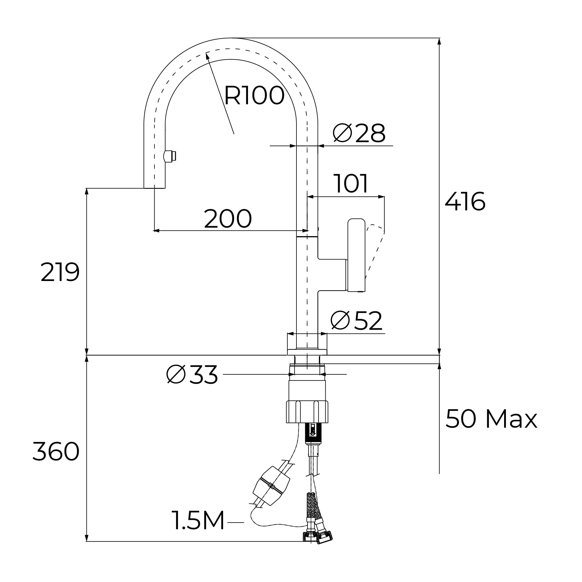 TEKA Grifo Cocina Monomando, Caño Alto Giratorio 360º, Maneral Extraíble 2 Funciones, Aireador Anticalcáreo, Manguera Flexible Junta Giratoria Conector Rápido OVAL 9382
