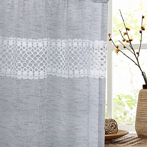 Caremee Lace Tassel Short Curtains Linen Textured Kitchen Curtains Semi Sheer Tier Curtains Farmhouse Window Curtain Panels Cafe Curtains For Small Window Half Window Treatment, W27 X L36, Grey #TOP5