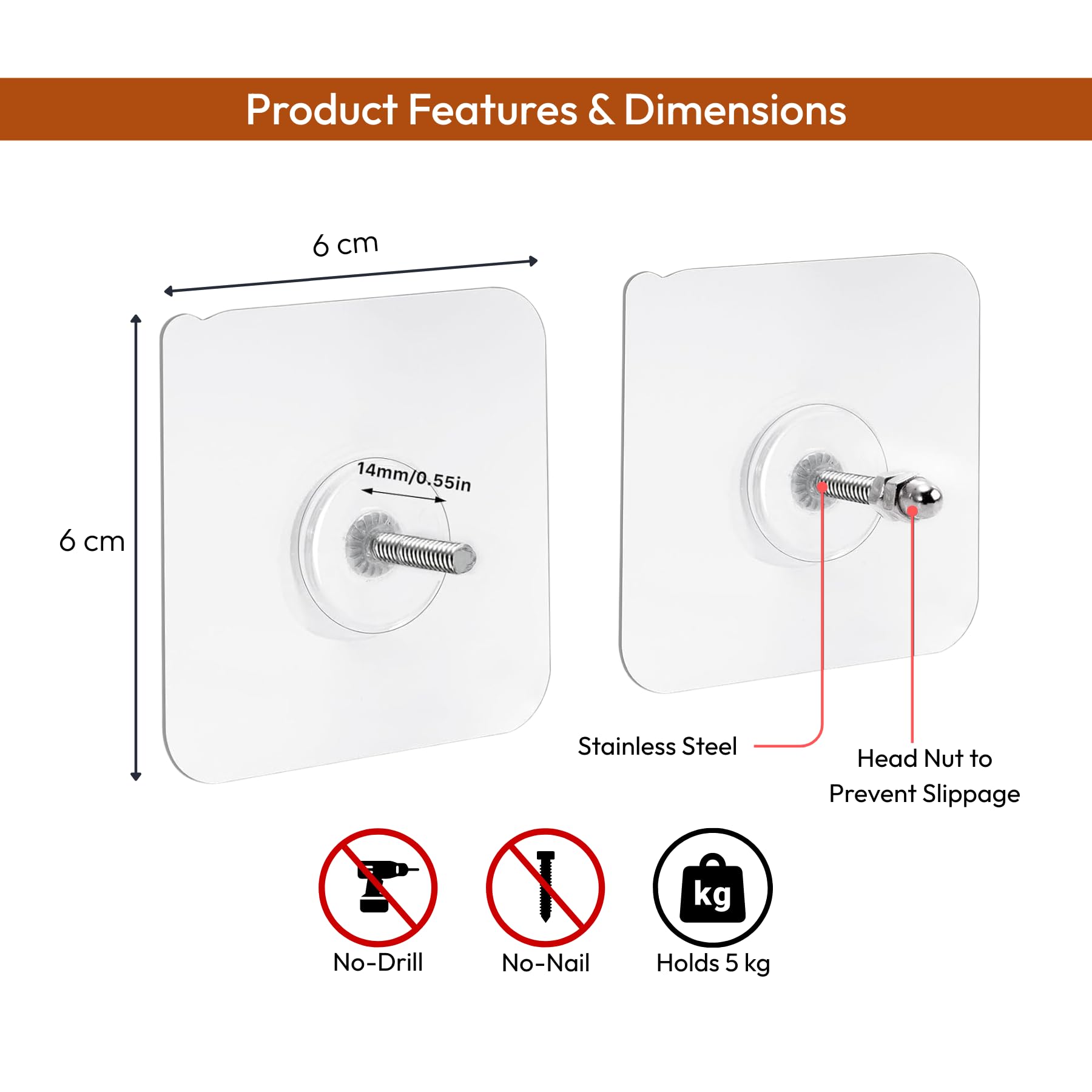 Zulaxy Adhesive Screw Hooks for Wall Without Drilling, 10 Pack Adhesive Screw Hooks for Wall Heavy Duty Strong Nail Free Hanging, Kitchen Accessories Items (Nail Hook, Transparent) Stainless Steel 3
