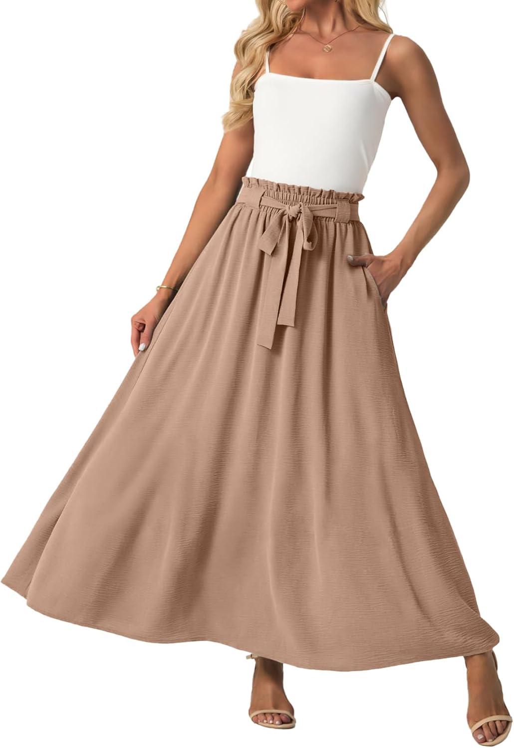 Lepunuo Women Flowy Maxi Skirts Paper Bag High Waisted Long Skirts with Pockets Summer Casual Tie Waist A-Line