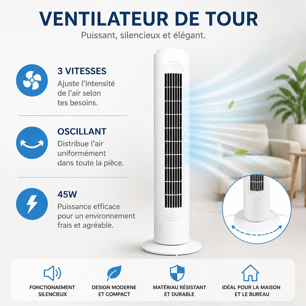 GROWMANIA.ES Ventilateur Colonne 45 W Blanc | Ventilateur Tour Silencieux | 3 Vitesses | Oscillation Automatique | Design Compact | Faible Consommation | Idéal Chambre, Salon et Bureau