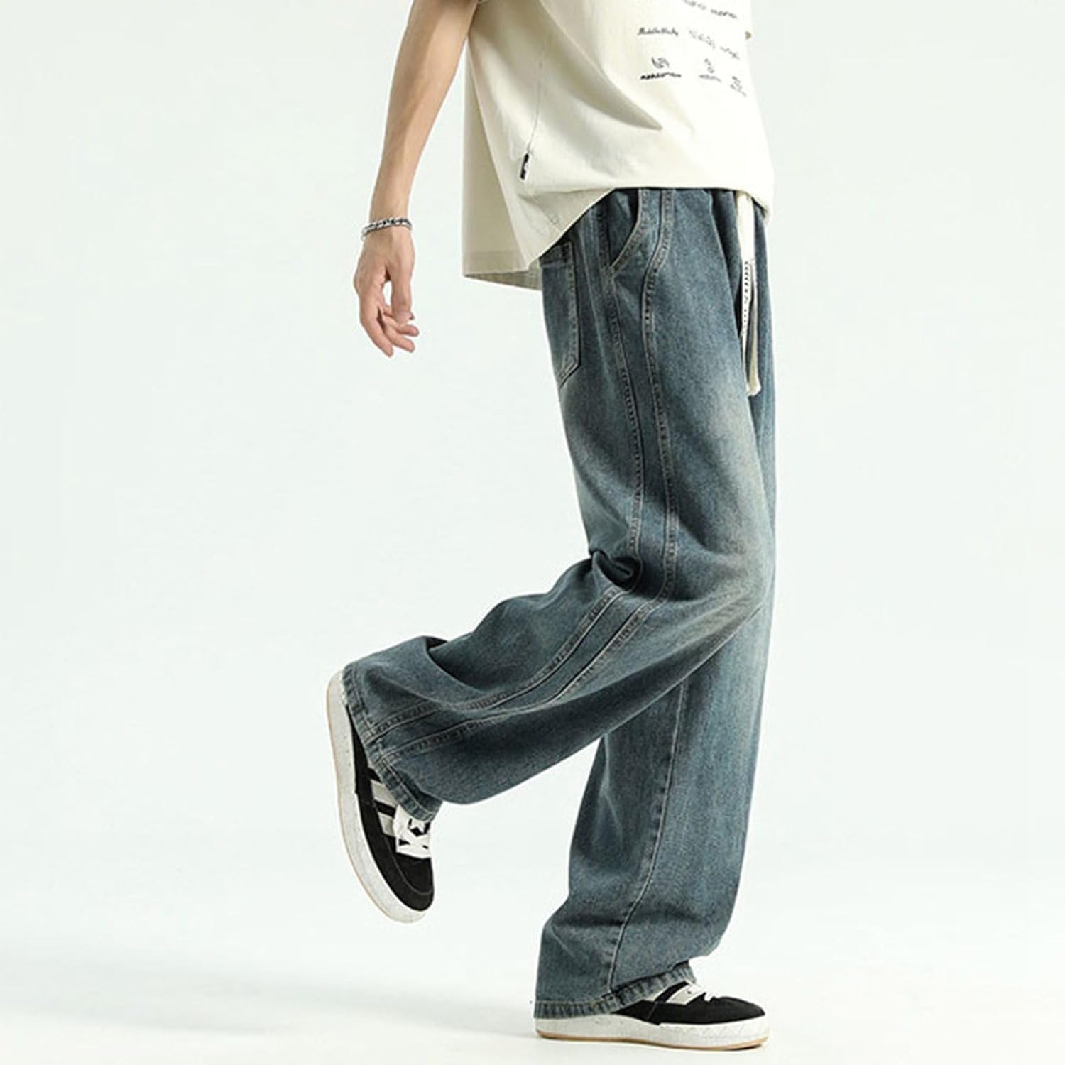 [GUREITOJP] ジーンズ ワイドパンツ ロング メンズ 春物 デニムパンツ ウェスト紐 男性 長ズボン 大きいサイズ ゆった