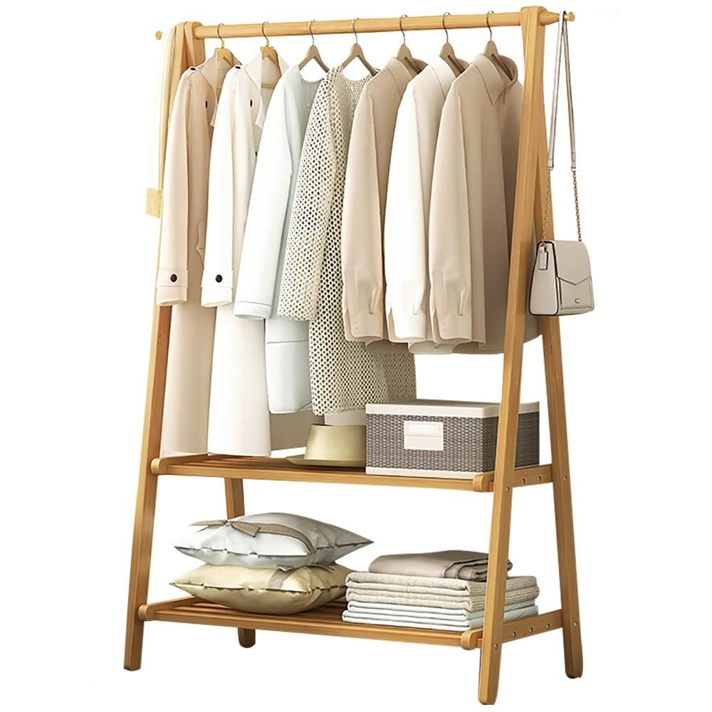 MYUYEE Wooden Clothes Rack, Freestanding Wooden Clothes Rack With Shelf/Hooks, Multifunctional Multi-Function Storage Rack, For Home Office Indoor, L: 66/86/116Cm(Primary Color-116Cm)