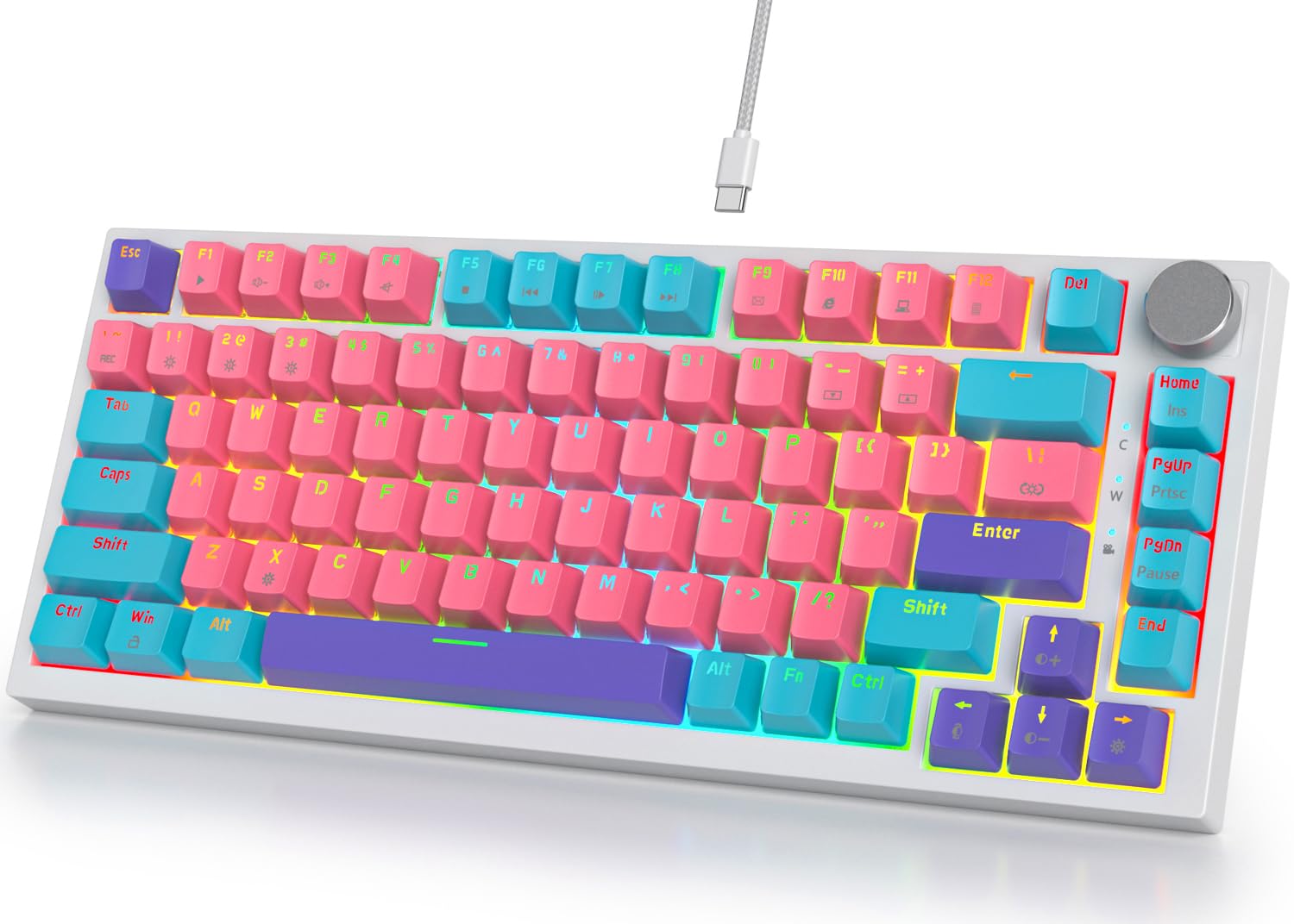 Fogruaden Wired Hot Swappable 75% Percent Mechanical Keyboard, Red Switch, TKL Pink Mechanical Keyboard, Gasket Mount, RGB Backlit Compact Gaming Keyboards with Volume Knob(Pink)