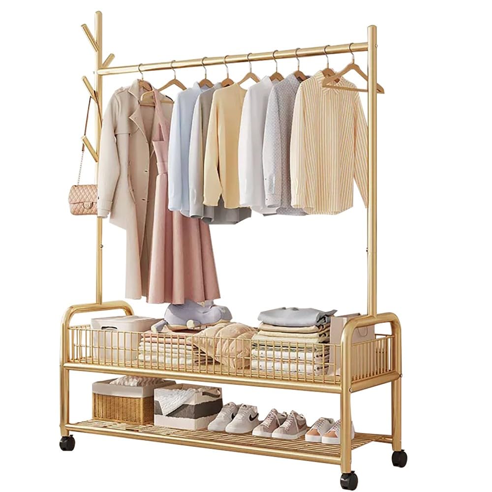 FGXHHS Industrial Coat Rack Stand with Shoe Storage, Steel Frame Hall Tree Hooks & Shelves, Mobile Clothes on Castors, 90/120CMx35CMx176CM, Holds 100kg, Perfect for Hallway
